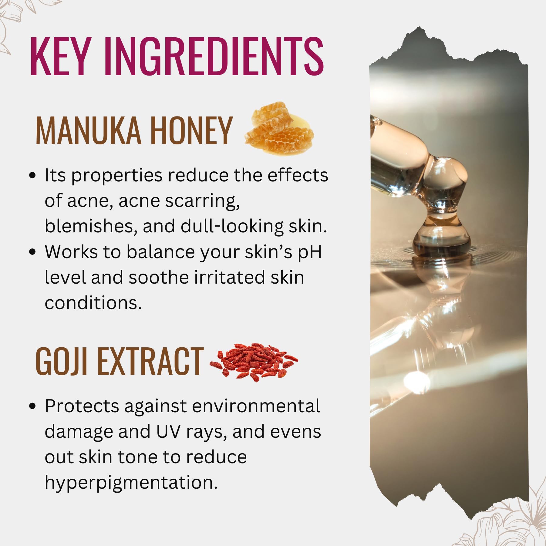 Sérum Manuka Lane miel de Manuka ilumina la piel con hidratación.