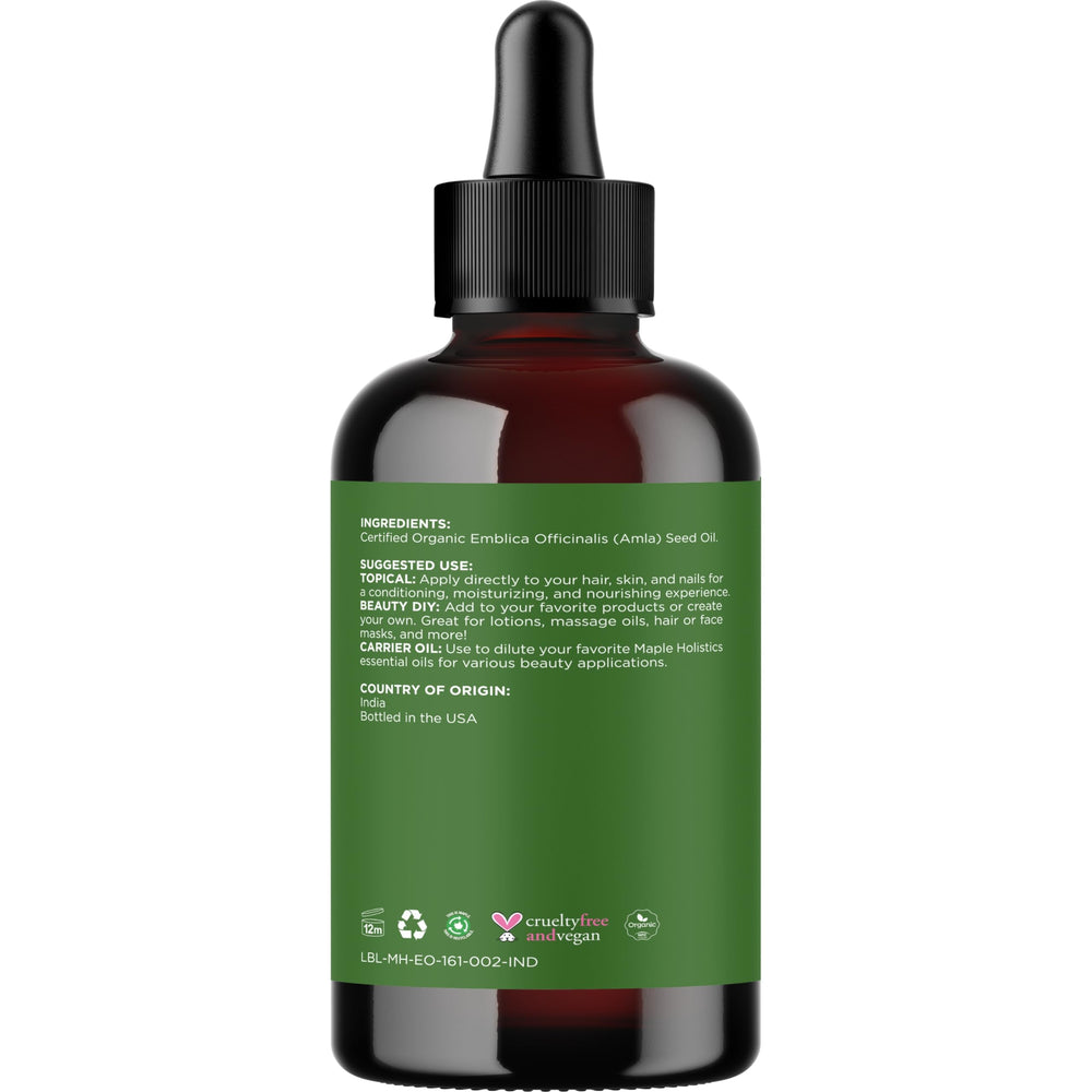 Maple Holistics Amla Oil amber glass bottle signals premium storage and freshness.