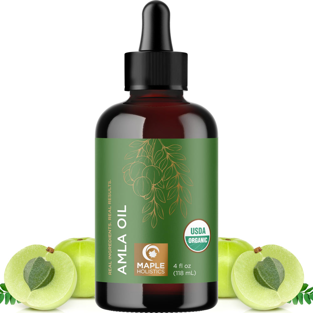 Maple Holistics Amla Oil bottle pour highlights scalp nourishment and shine.
