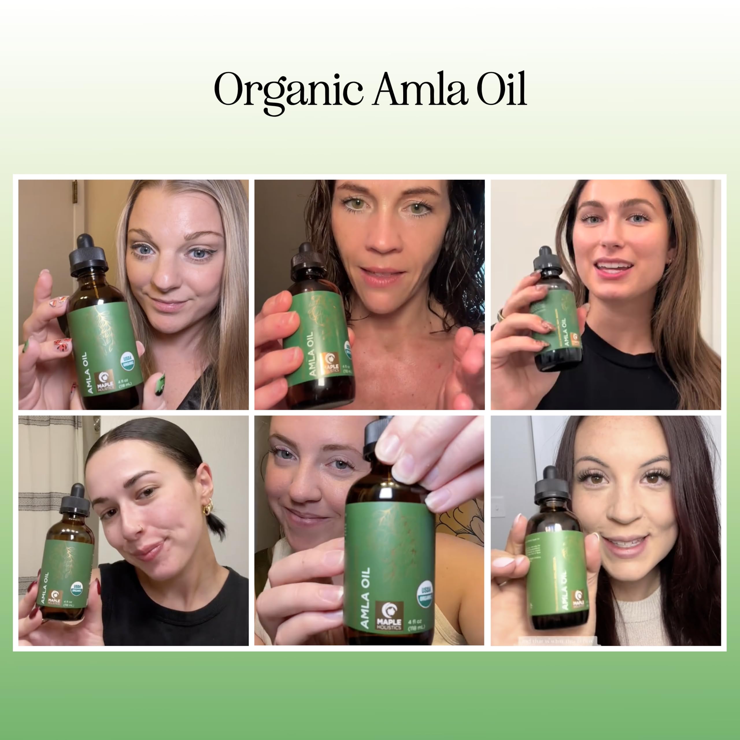 Maple Holistics Amla Oil applied to hair for easy scalp massage and volume.