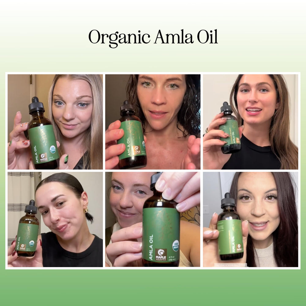 Maple Holistics Amla Oil applied to hair for easy scalp massage and volume.