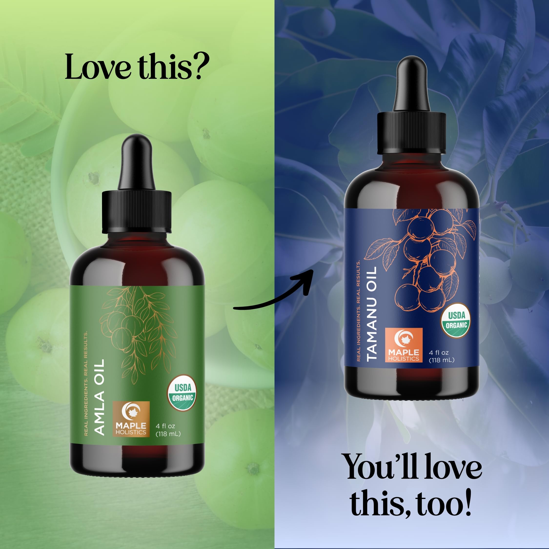 Maple Holistics Amla Oil ingredients side showcases organic composition.