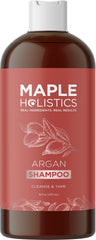 Maple Holistics Argan Oil Shampoo bottle highlights sulfate-free formula for damaged hair shine
