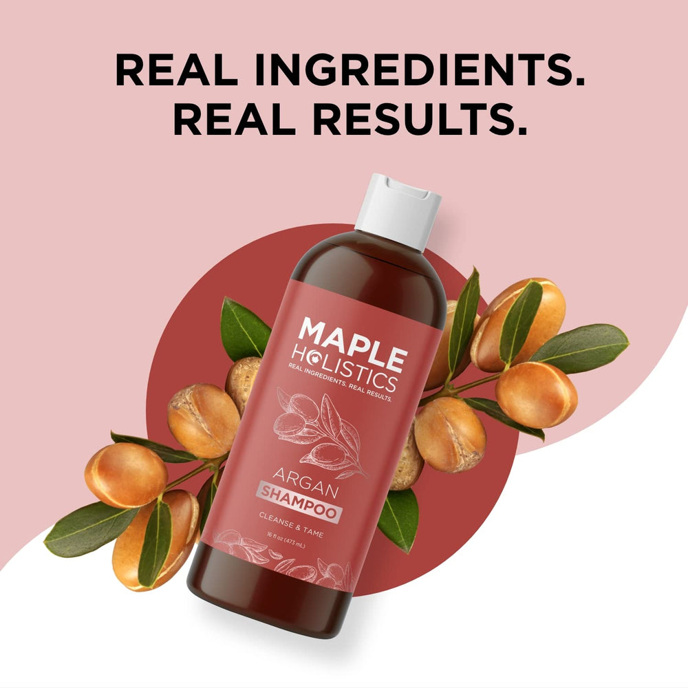 Maple Holistics Argan Oil Shampoo close-up bottle reveals natural oils promoting nourishment
