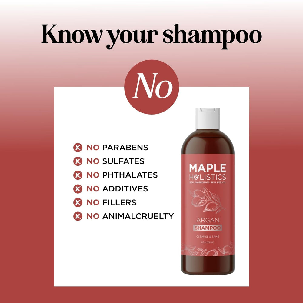 Maple Holistics Argan Oil Shampoo bottle demonstrates hydrating care for dry hair.