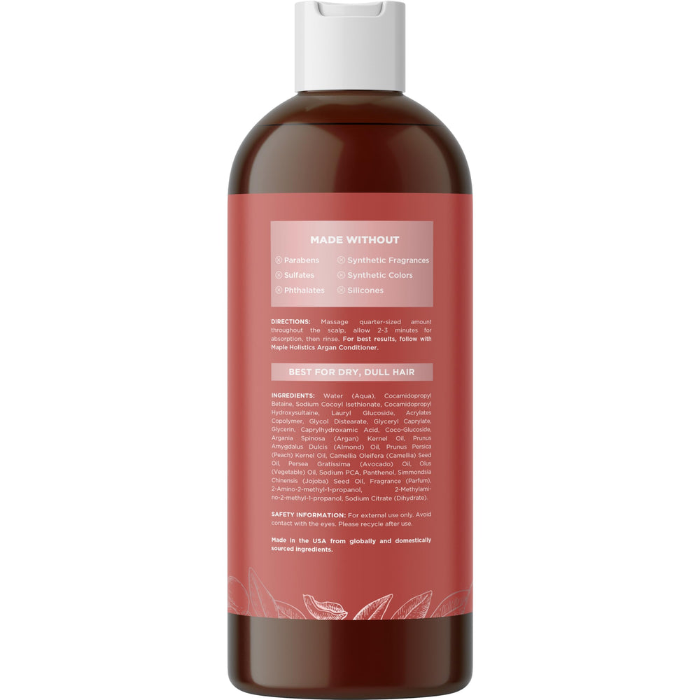 Maple Holistics Argan Oil Shampoo ingredients showcase argan and jojoba oils for hydration