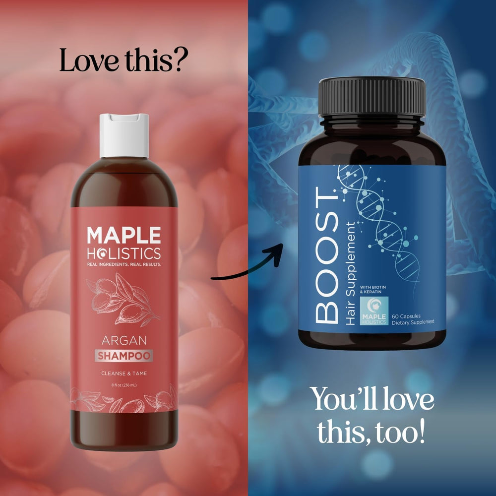 Maple Holistics Argan Oil Shampoo natural oils label close-up.