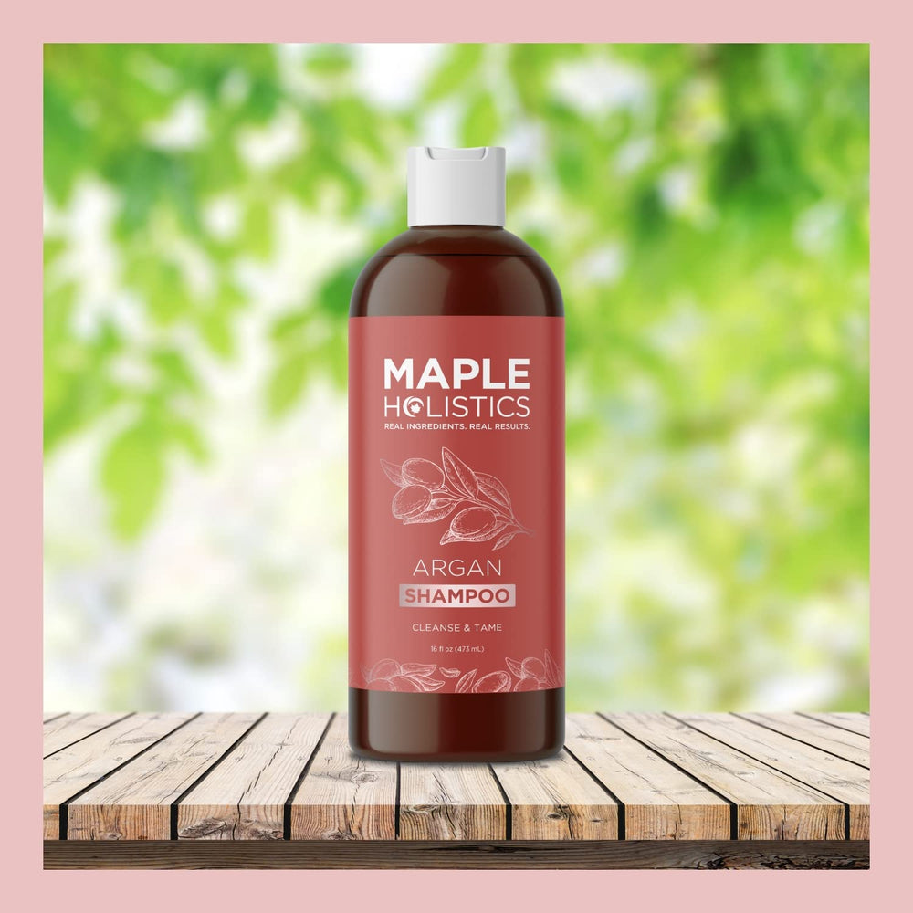 Maple Holistics Argan Oil Shampoo rinse scene suggests refreshed, voluminous results