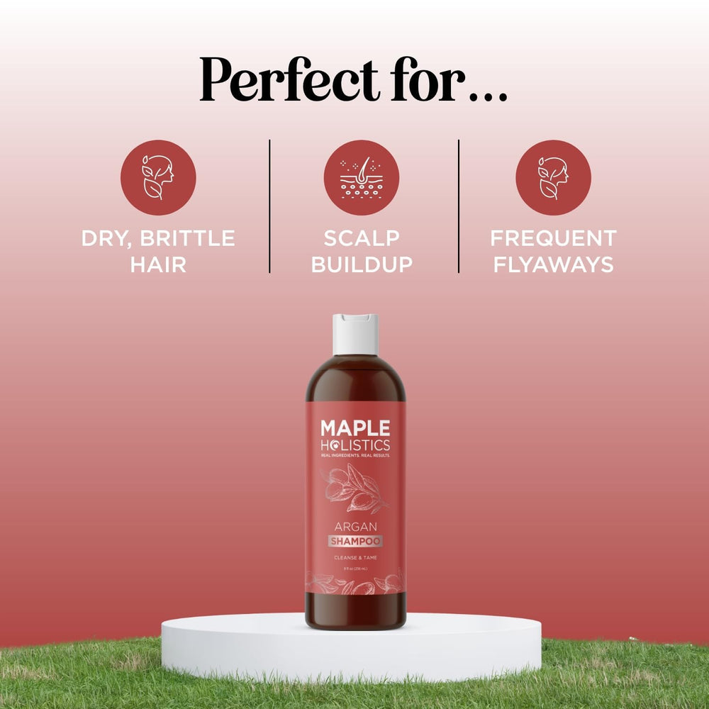 Maple Holistics Argan Oil Shampoo volumizing action on hair.