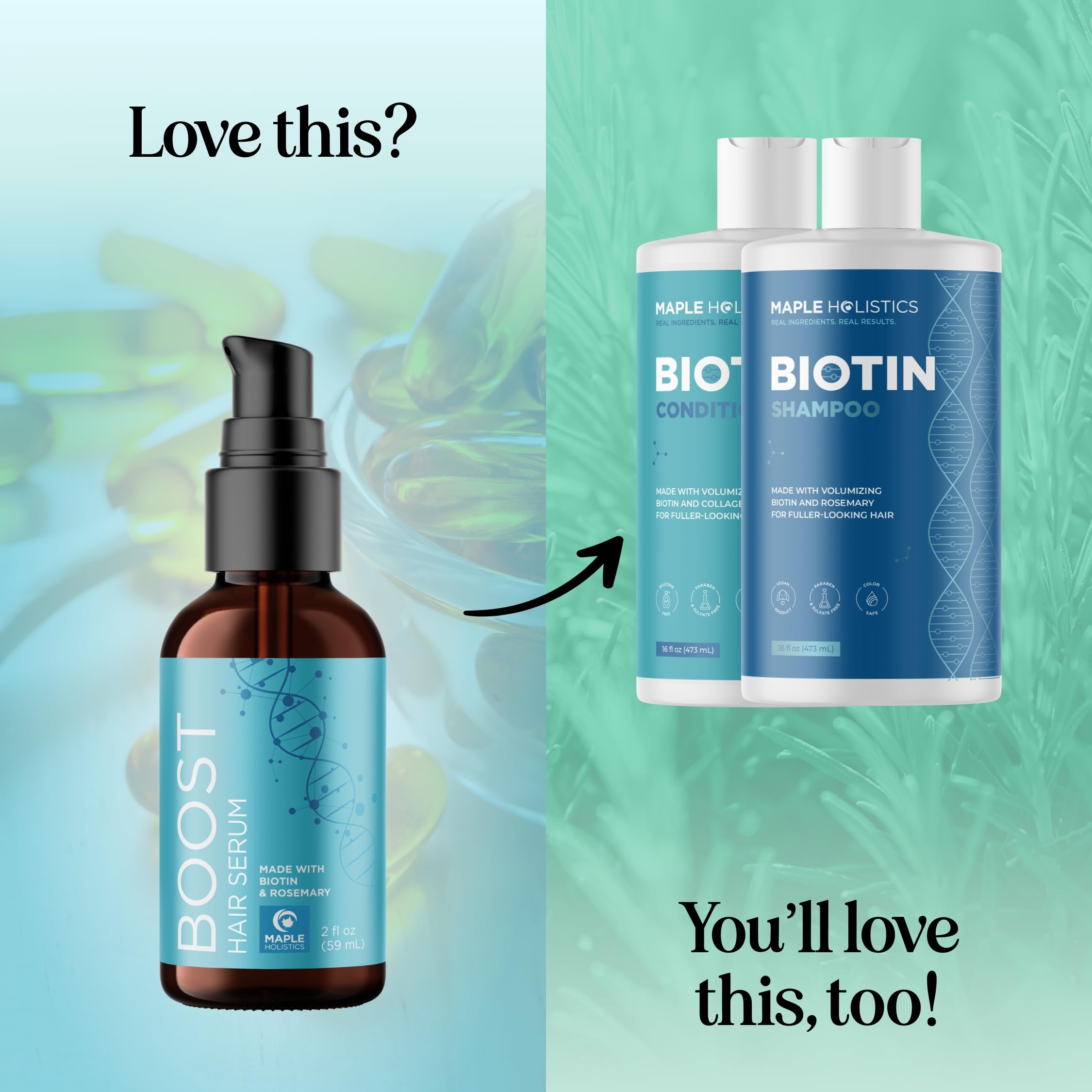 Maple Holistics before-after image suggests volume and shine improvements.
