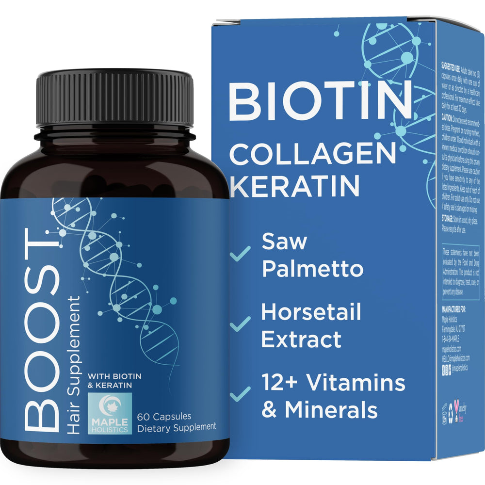 Maple Holistics biotin-collagen bottle for daily hair growth support.