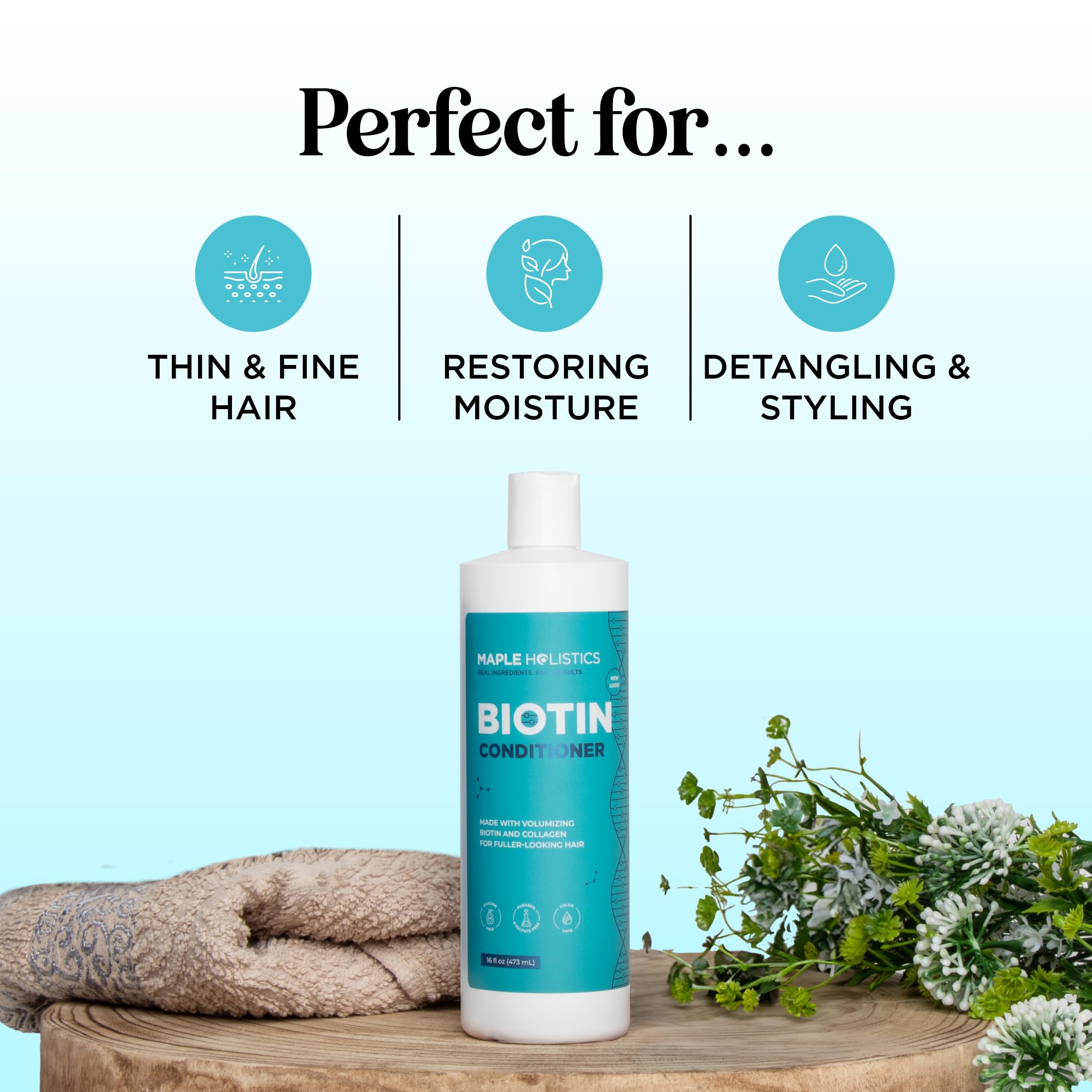 Maple Holistics biotin conditioner pump closeup showing easy dispensing