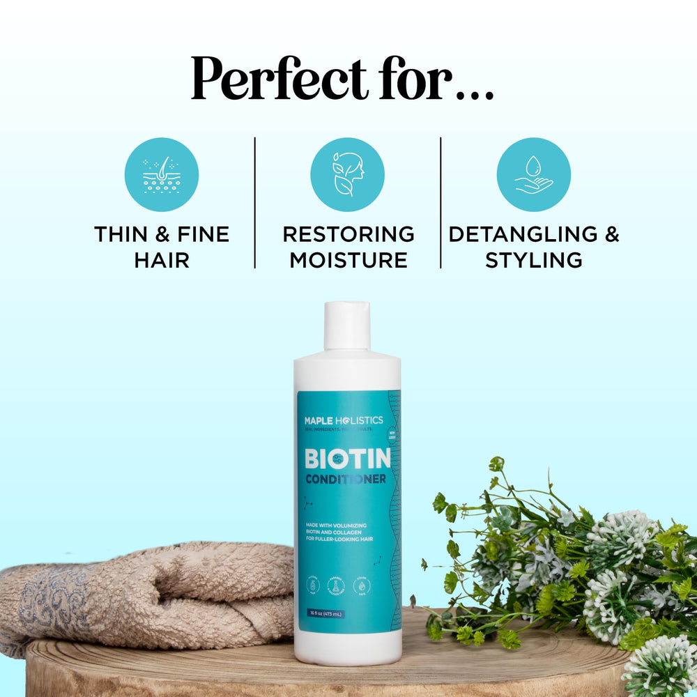 Maple Holistics biotin conditioner pump closeup showing easy dispensing
