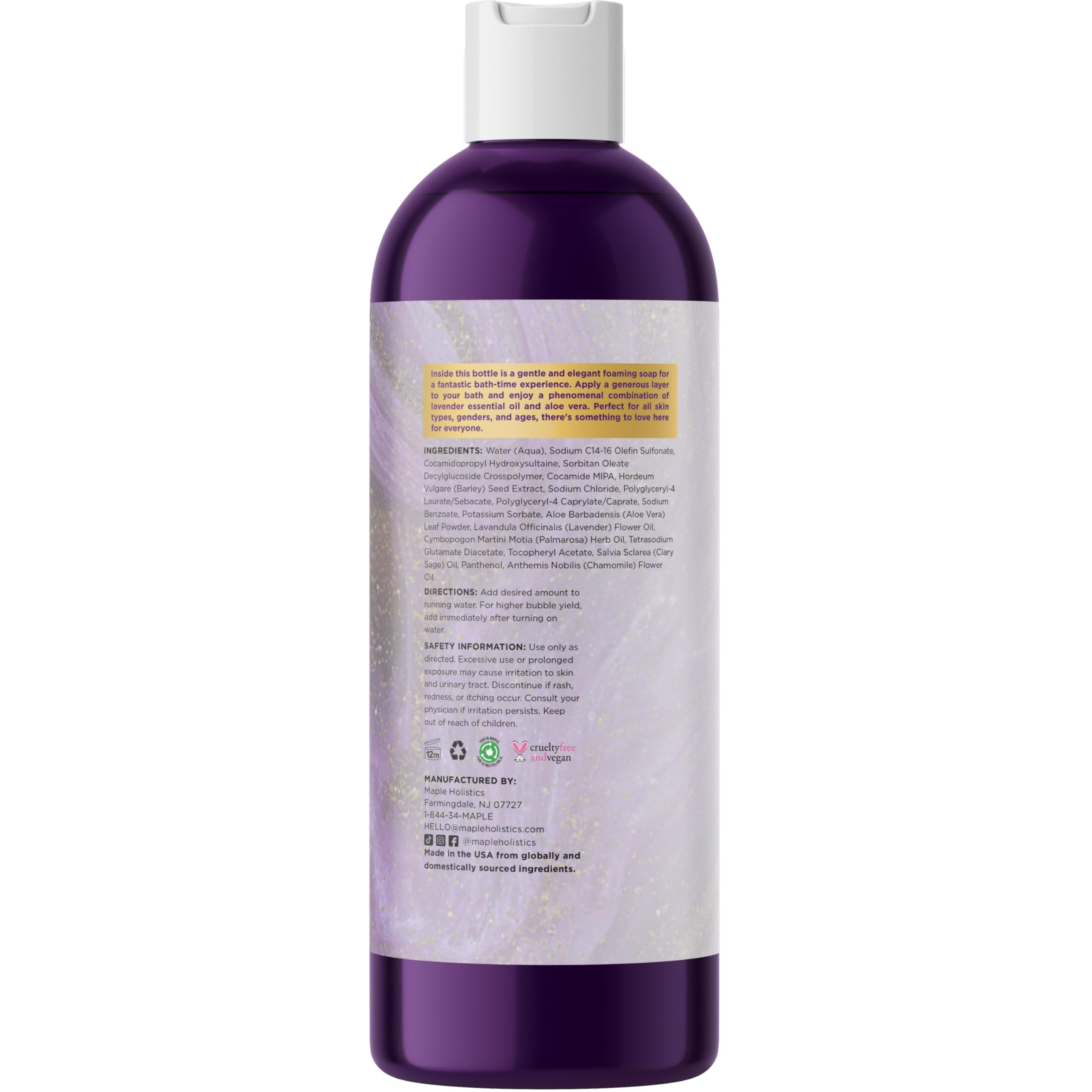 Maple Holistics bubble bath foam dispense showing creamy lather ready to pour.