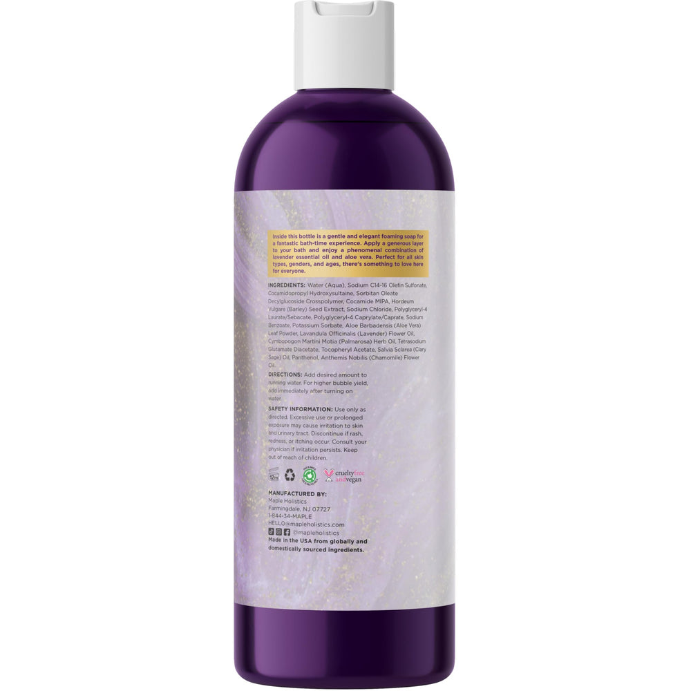 Maple Holistics bubble bath foam dispense showing creamy lather ready to pour.