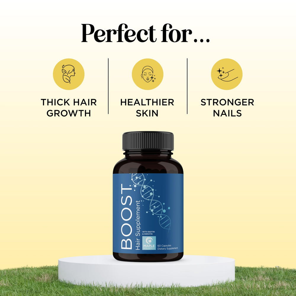 Maple Holistics capsules pouring for convenient daily nutrition.