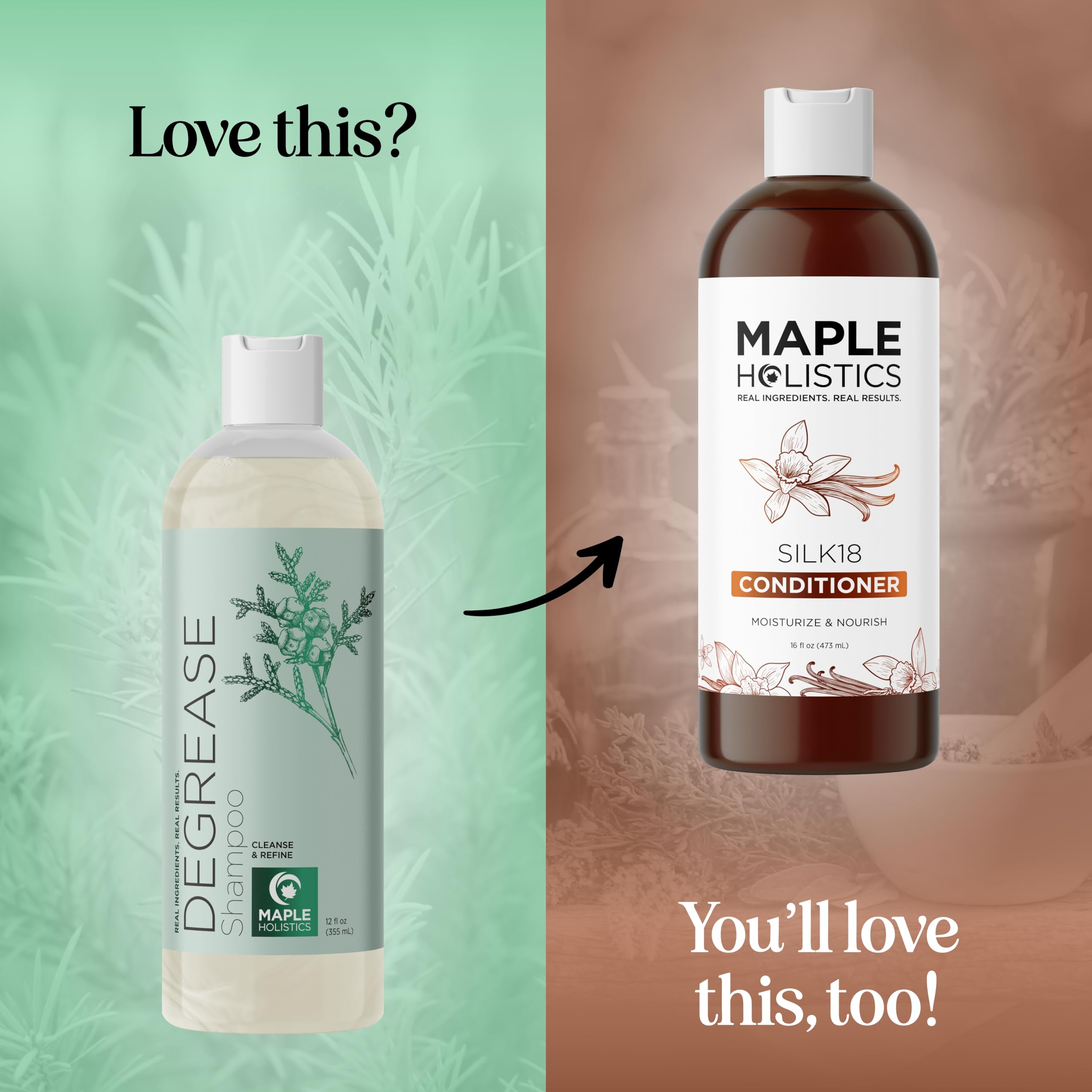 Maple Holistics color-safe shampoo label highlights vegan formula.