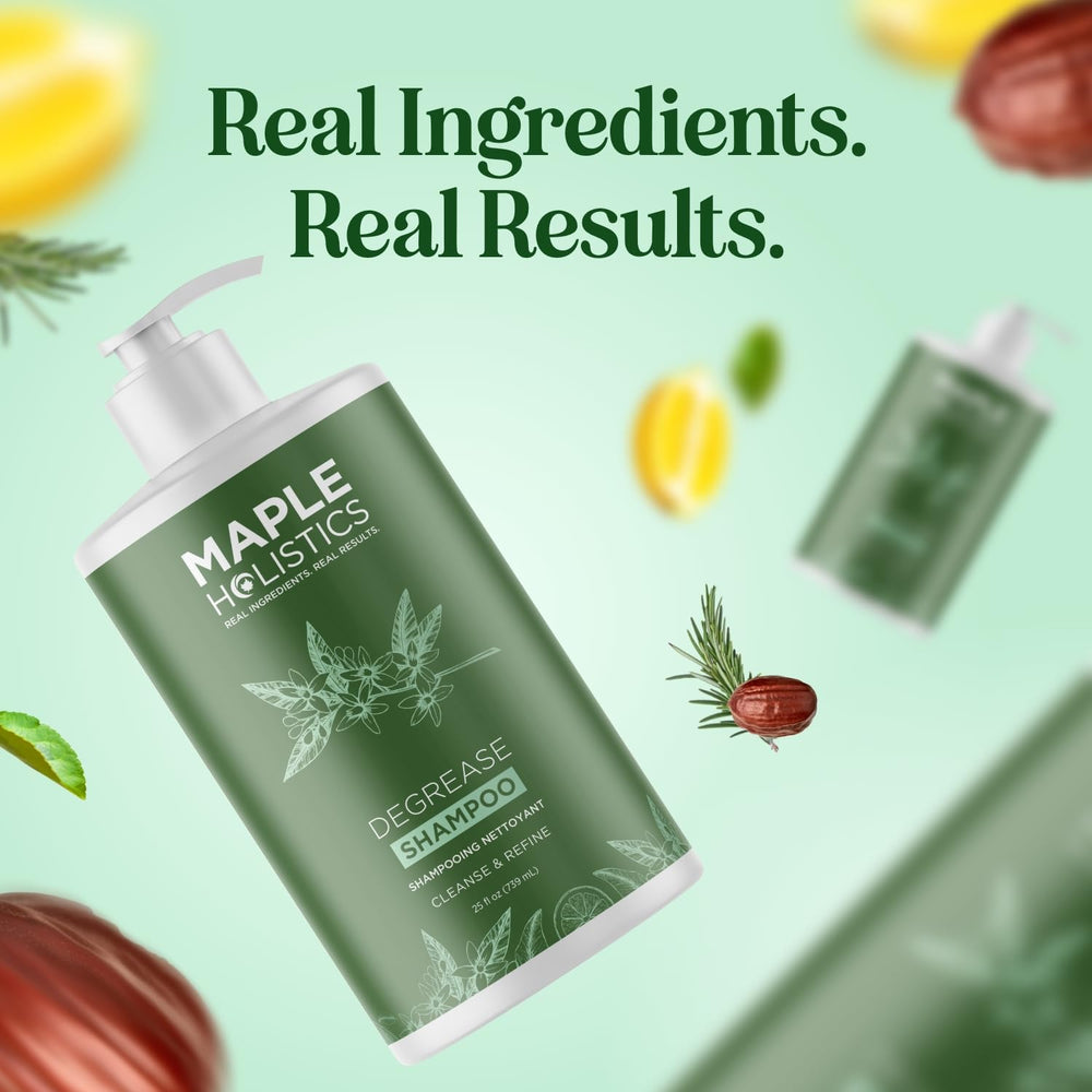 Maple Holistics vegan-color-safe shampoo tag highlights cruelty-free cleansing.