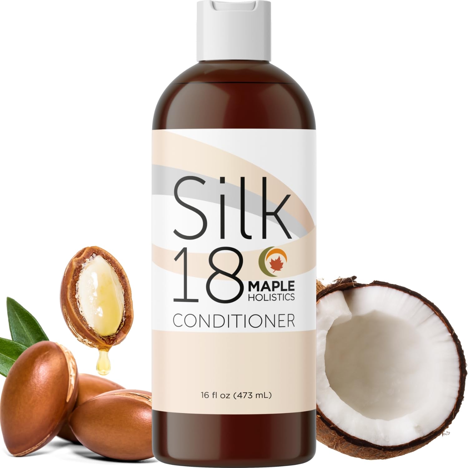 Maple Holistics hair conditioner bottle pouring for damaged dry hair hydration benefits.