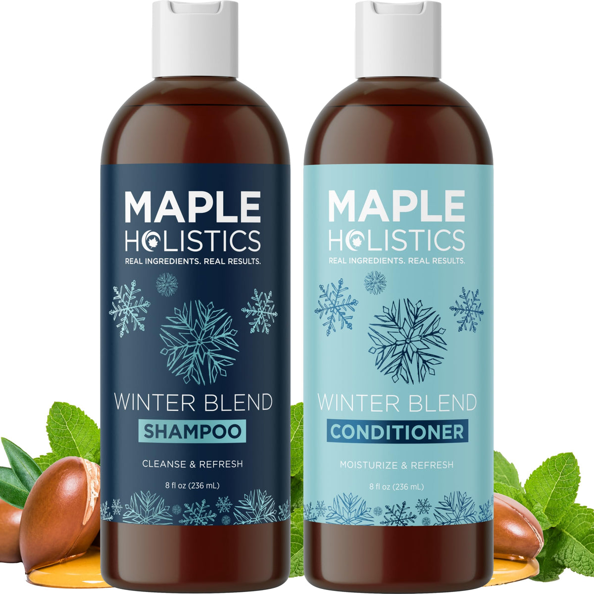 Maple Holistics hard-water shampoo bottle demonstrates sulfate-free cleansing for refreshed, hydrated hair.