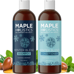 Maple Holistics hard-water shampoo bottle demonstrates sulfate-free cleansing for refreshed, hydrated hair.