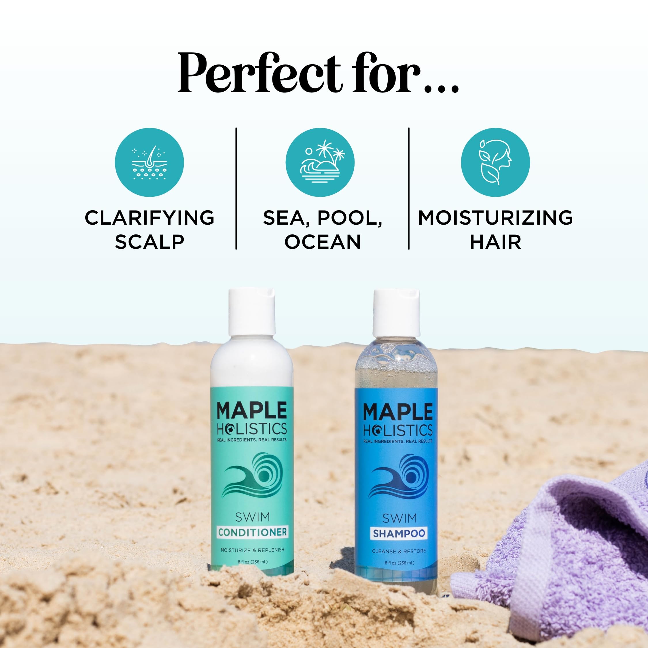 Maple Holistics hard-water shampoo image shows mineral removal for clearer strands