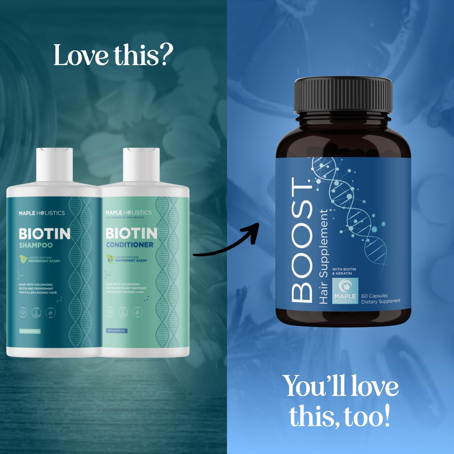 Maple Holistics ingredients image features biotin, argan oil, and plant proteins for hair health