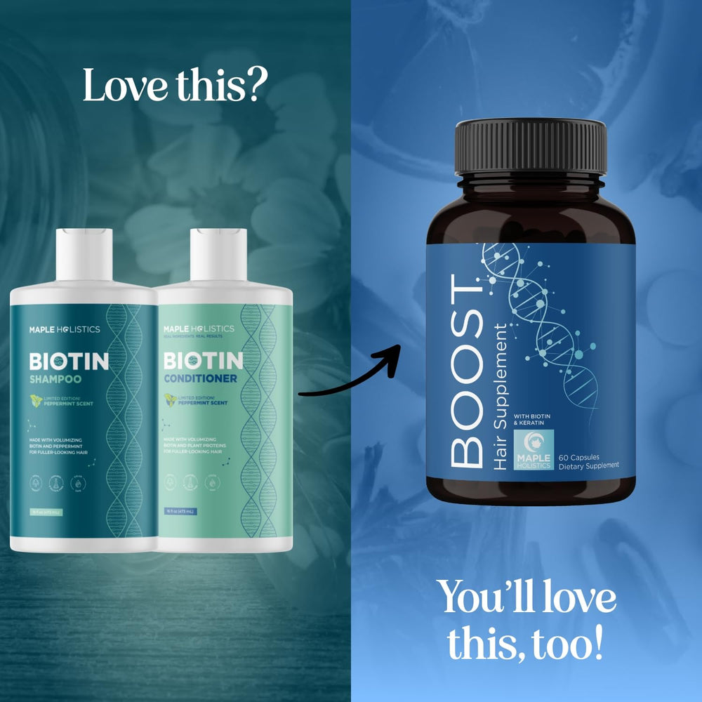 Maple Holistics ingredients image features biotin, argan oil, and plant proteins for hair health