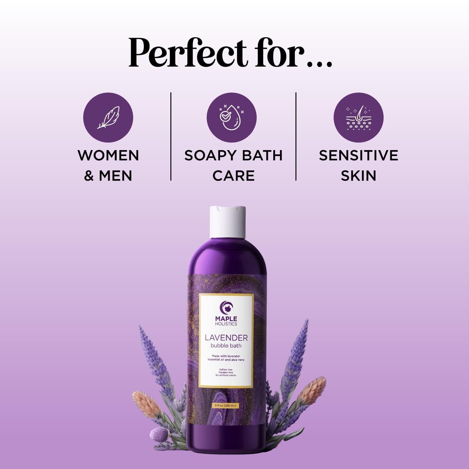 Maple Holistics lavender bubble bath foam closeup highlighting rich, silky lather.