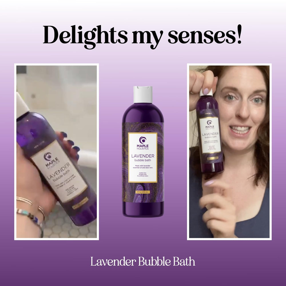 Maple Holistics lavender oil blend closeup emphasizing essential oils for relaxation.