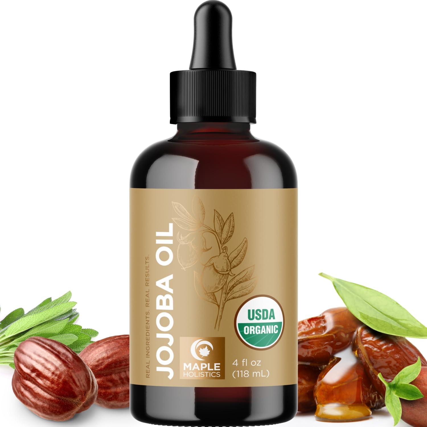 Maple Holistics organic jojoba oil bottle highlighting pure organic base for skin, hair, nails
