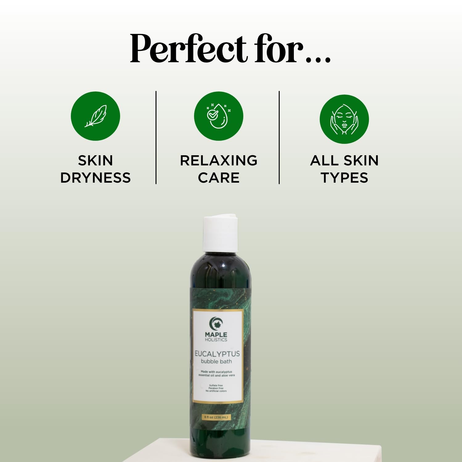 Maple Holistics Premium Eucalyptus Bubble Bath on bathroom counter ready for self-care.