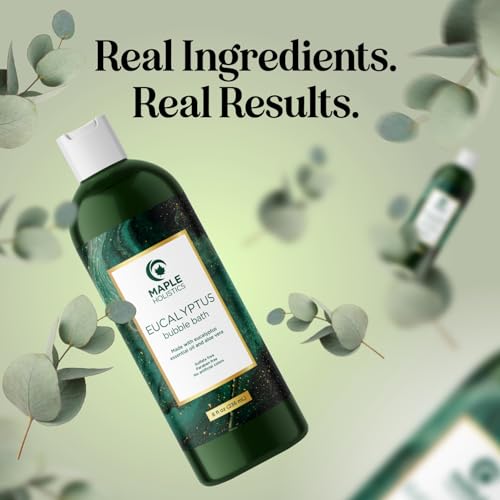 Maple Holistics Premium Eucalyptus Bubble Bath label detail highlights vitamin E nourishment.