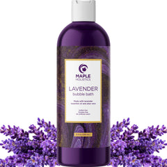 Maple Holistics premium lavender bubble bath bottle for relaxing aromatherapy and moisturizing skin.
