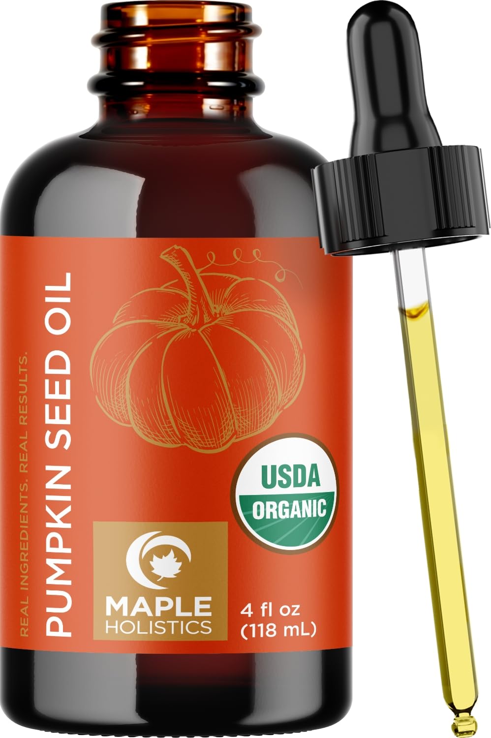 Maple Holistics pumpkin seed oil bottle shows pure organic formula for versatile hair and skin care
