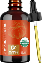 Maple Holistics pumpkin seed oil bottle shows pure organic formula for versatile hair and skin care