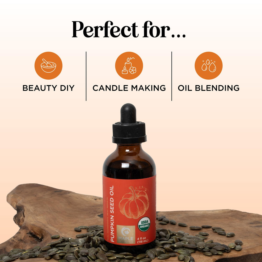 Maple Holistics pumpkin seed oil hair-massage scene emphasizes scalp hydration and volume support