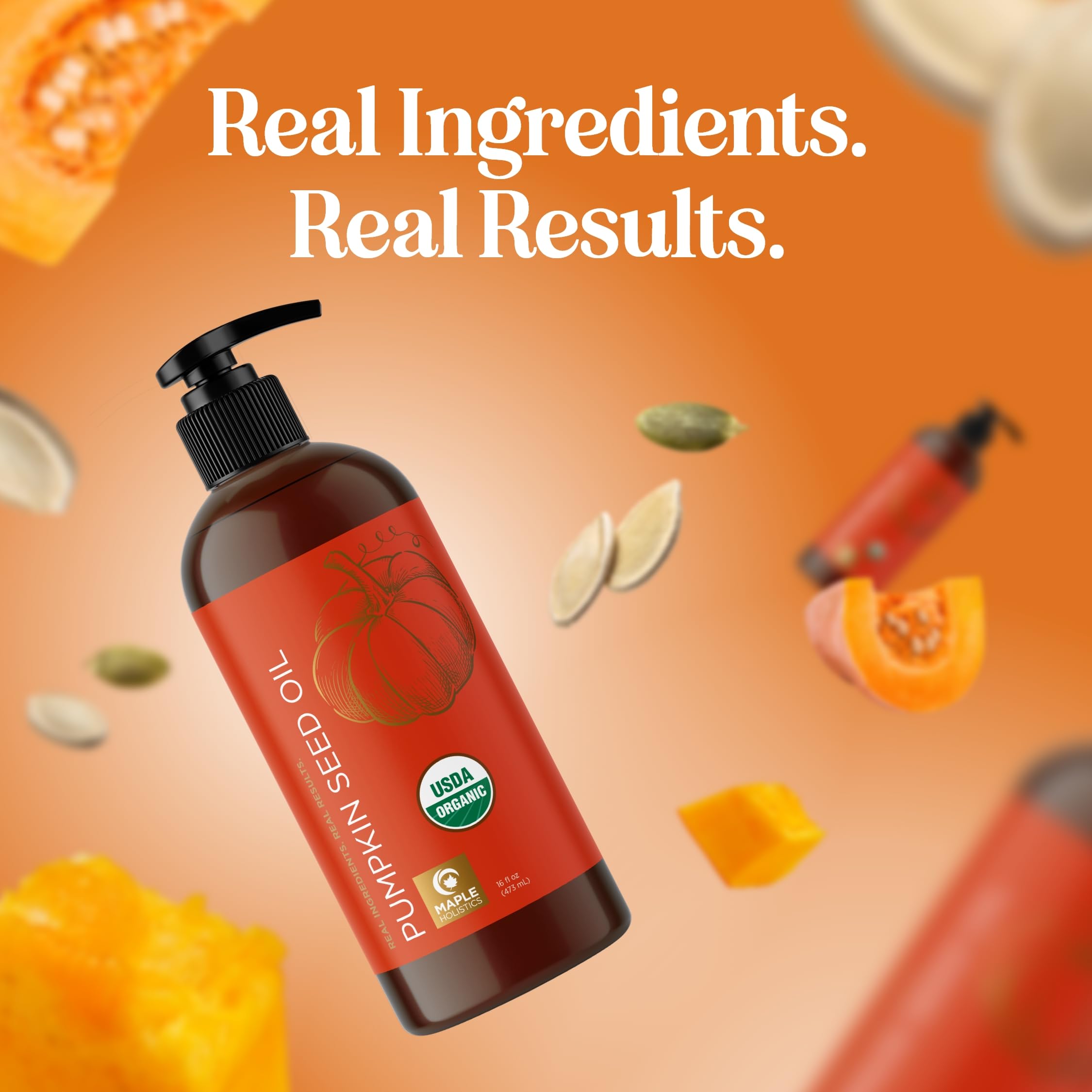Maple Holistics Pumpkin Seed Oil product label close-up.