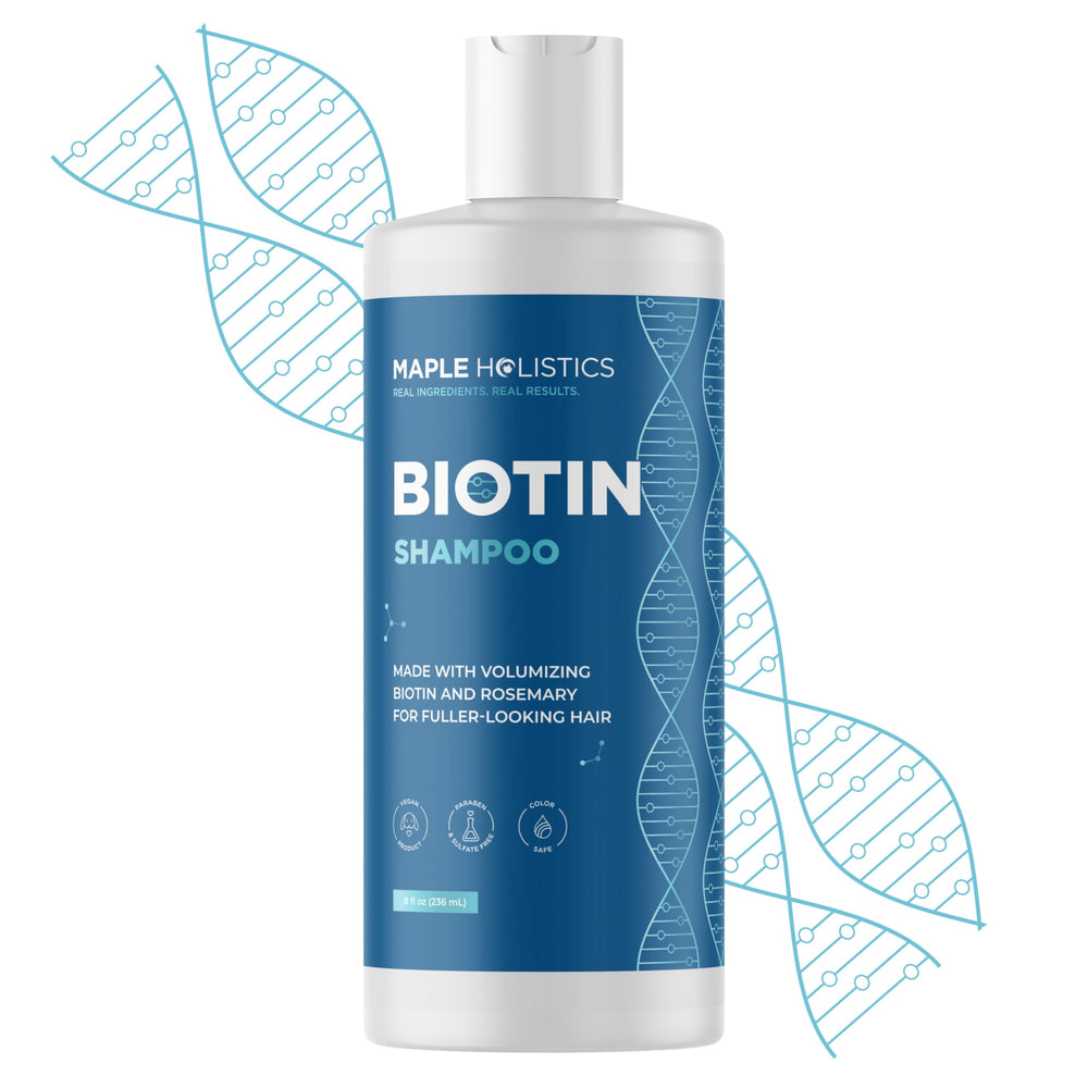 Maple Holistics Rosemary and Biotin Shampoo bottle front, vegan volumizing formula for thinning hair