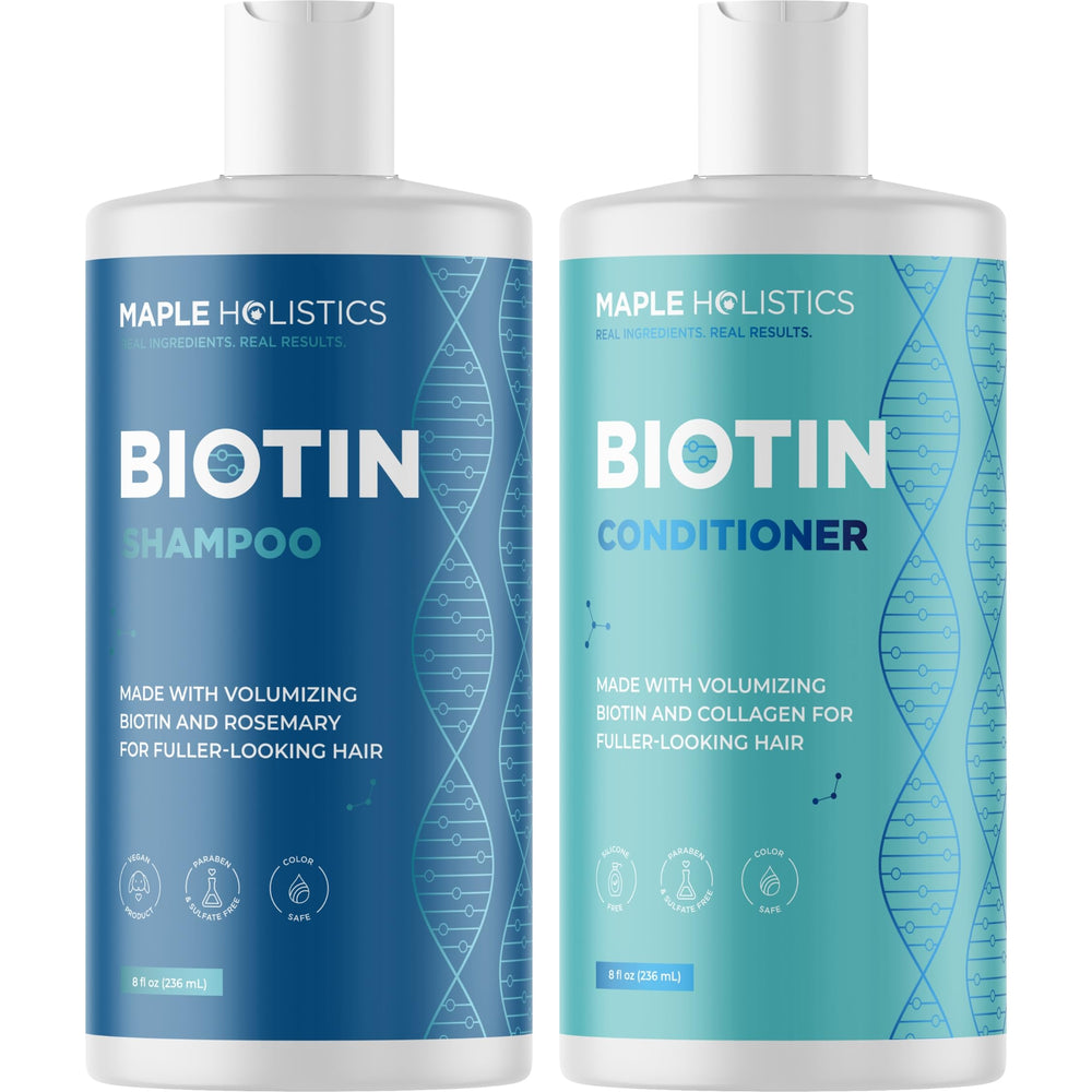 Maple Holistics Rosemary Biotin Shampoo Bottle highlights volumizing formula for thinning hair