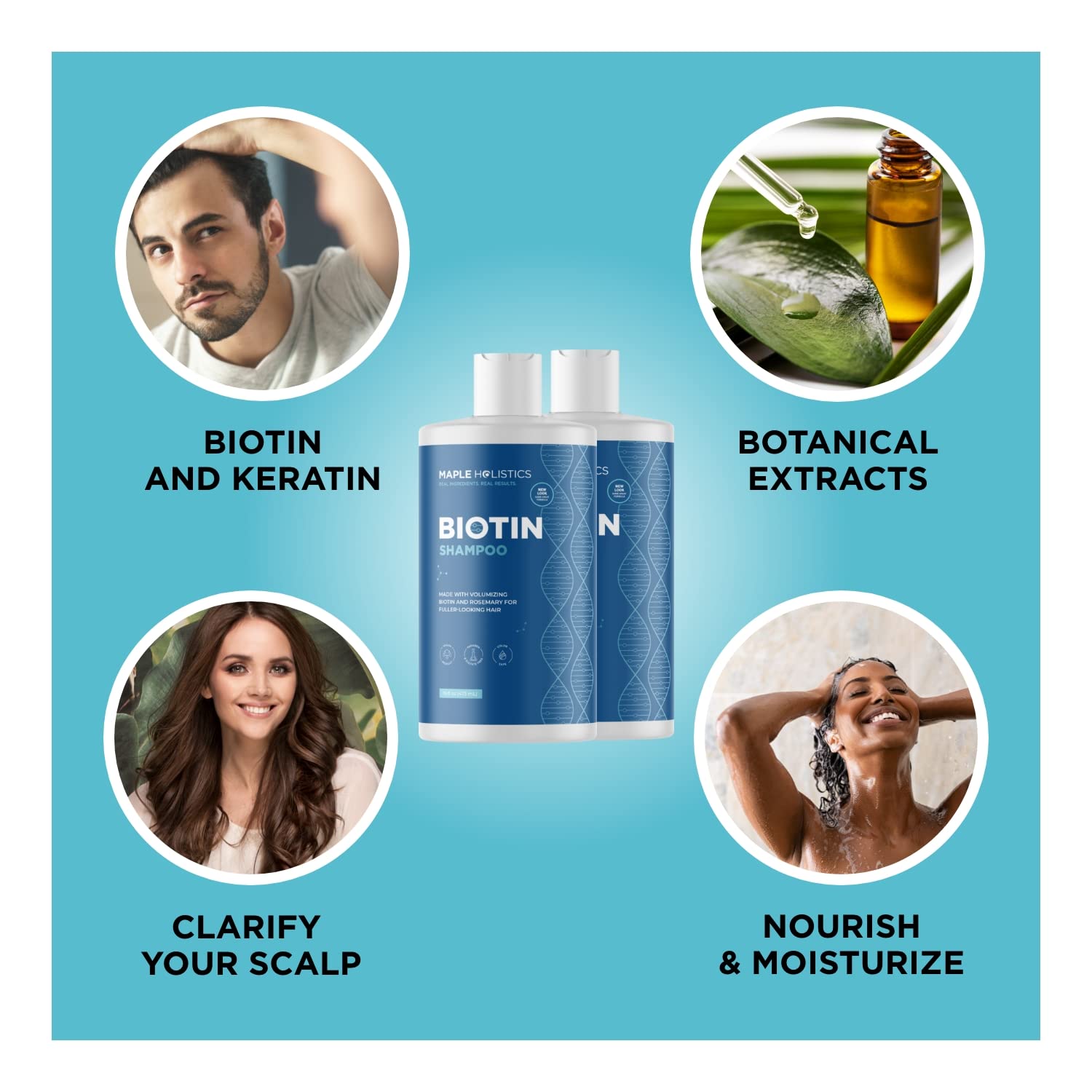 Scalp close-up hints soothing tea tree and rosemary notes