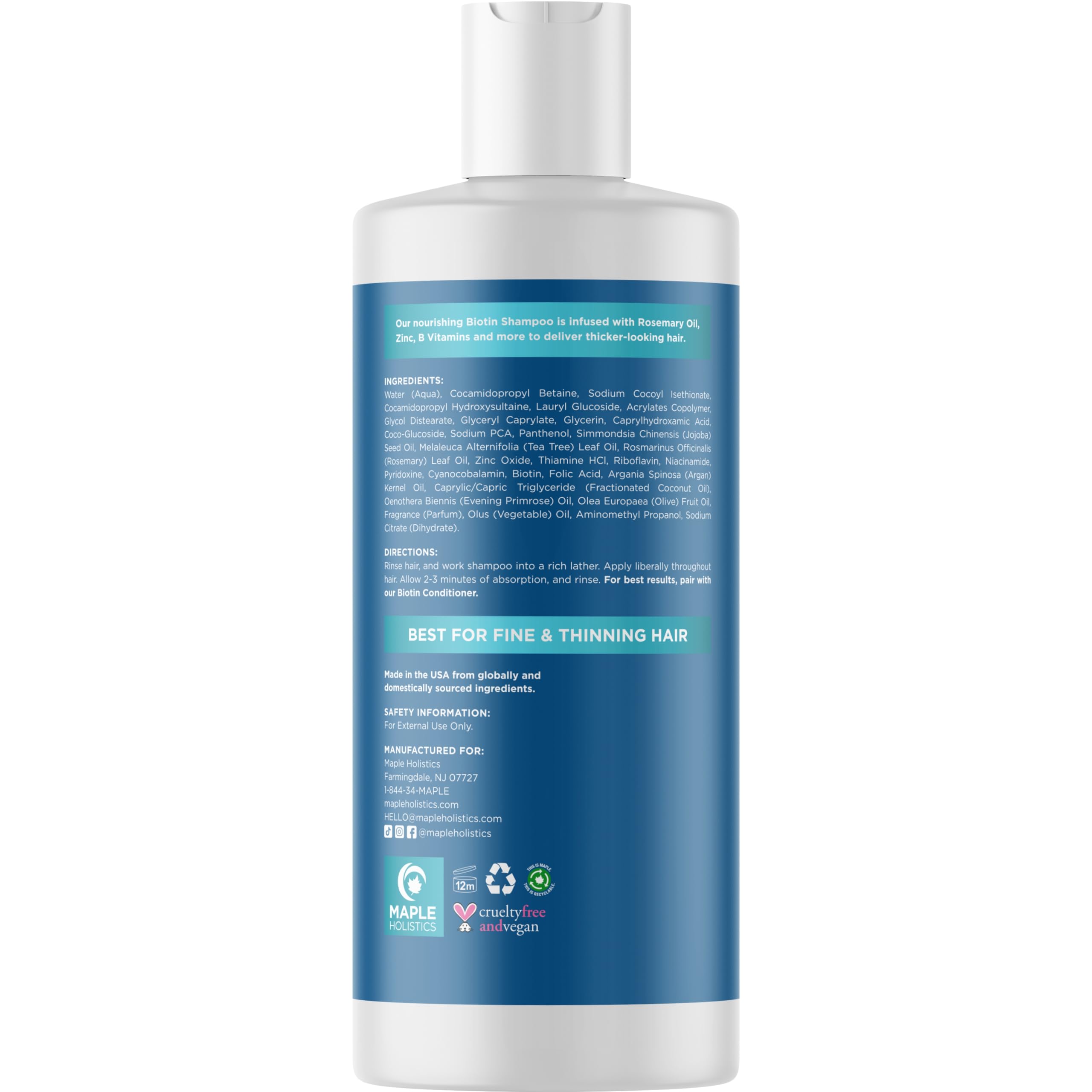 Maple Holistics tea tree essential oil image suggests refreshing scalp care during wash