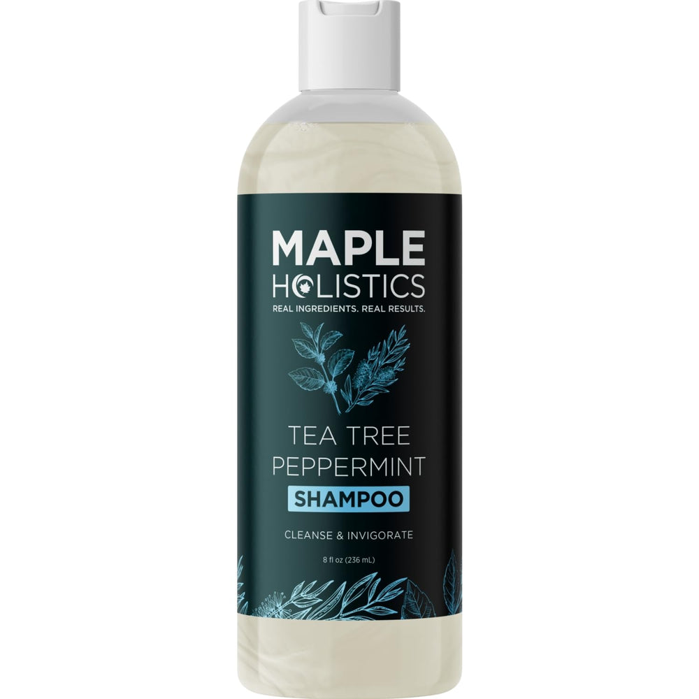 Maple Holistics bottles on bathroom counter ready for dry scalp routine.