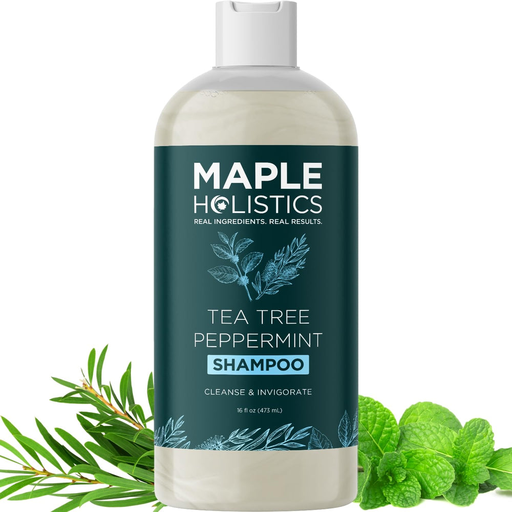 Maple Holistics rosemary tea tree mint shampoo bottle ready for a clarifying cleanse