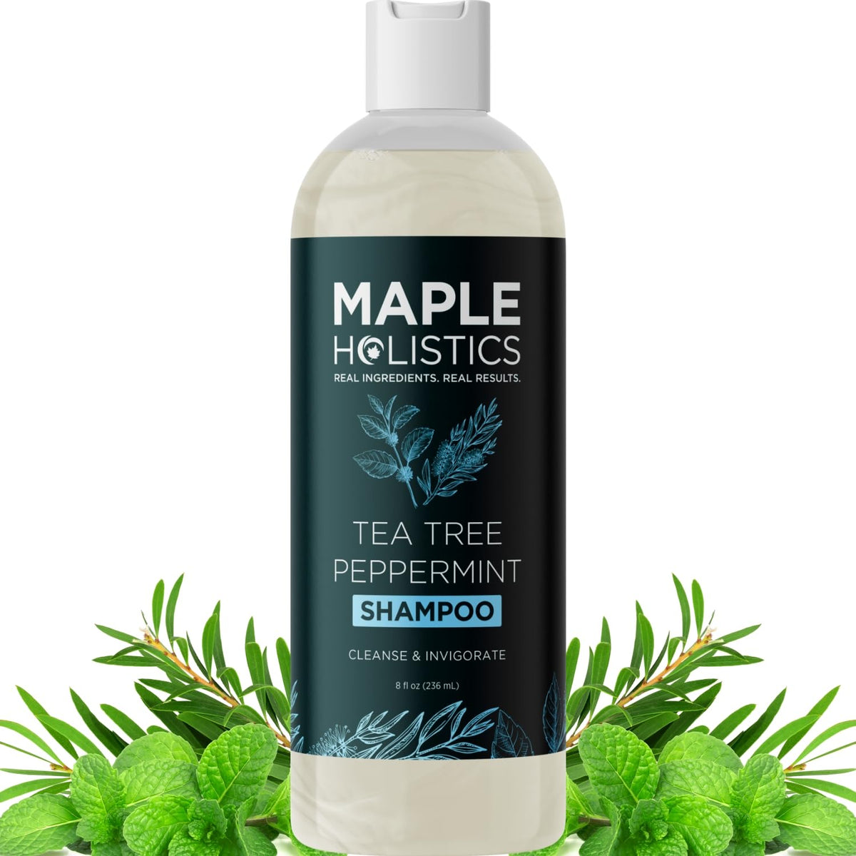 Maple Holistics Rosemary Tea Tree Mint Shampoo bottle on shelf for refreshing scalp care.