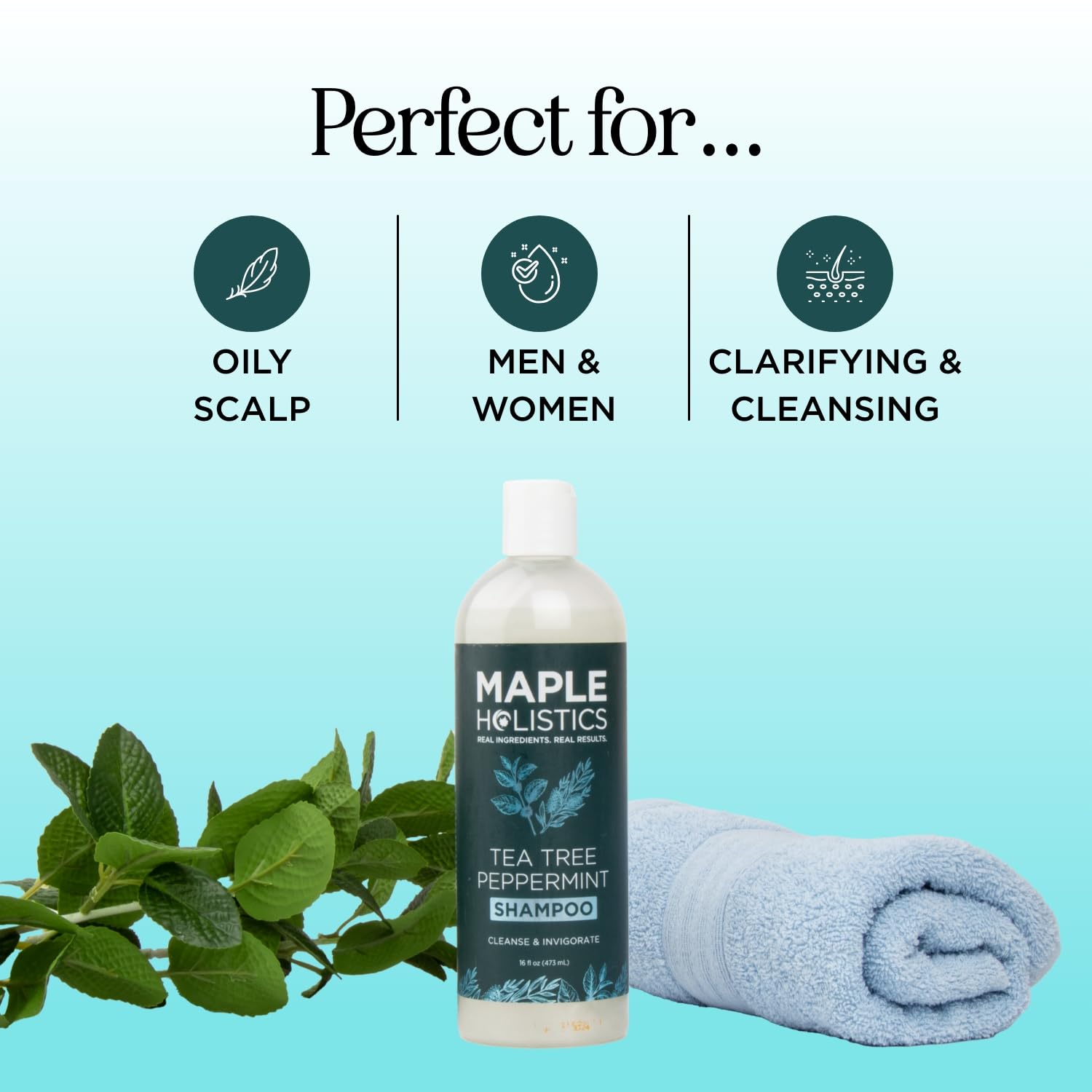Maple Holistics shampoo label closeup featuring rosemary and tea tree oils for scalp care
