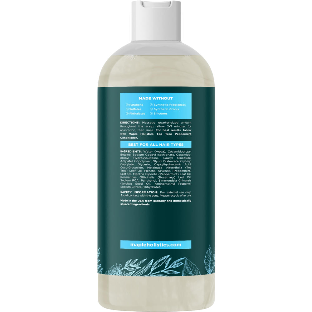 Maple Holistics scalp-relief shot showing cooling peppermint and Tea Tree oils.