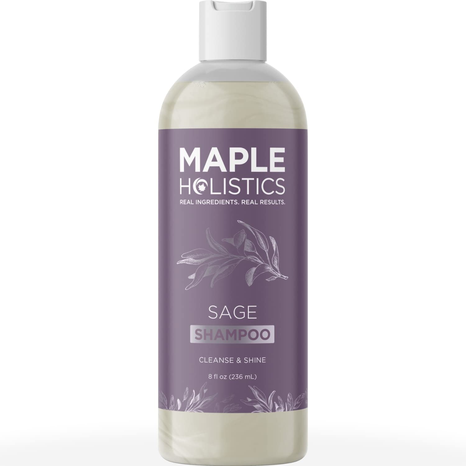 Maple Holistics Sage and Rosemary Shampoo bottle highlights sulfate-free cleansing for oily hair.
