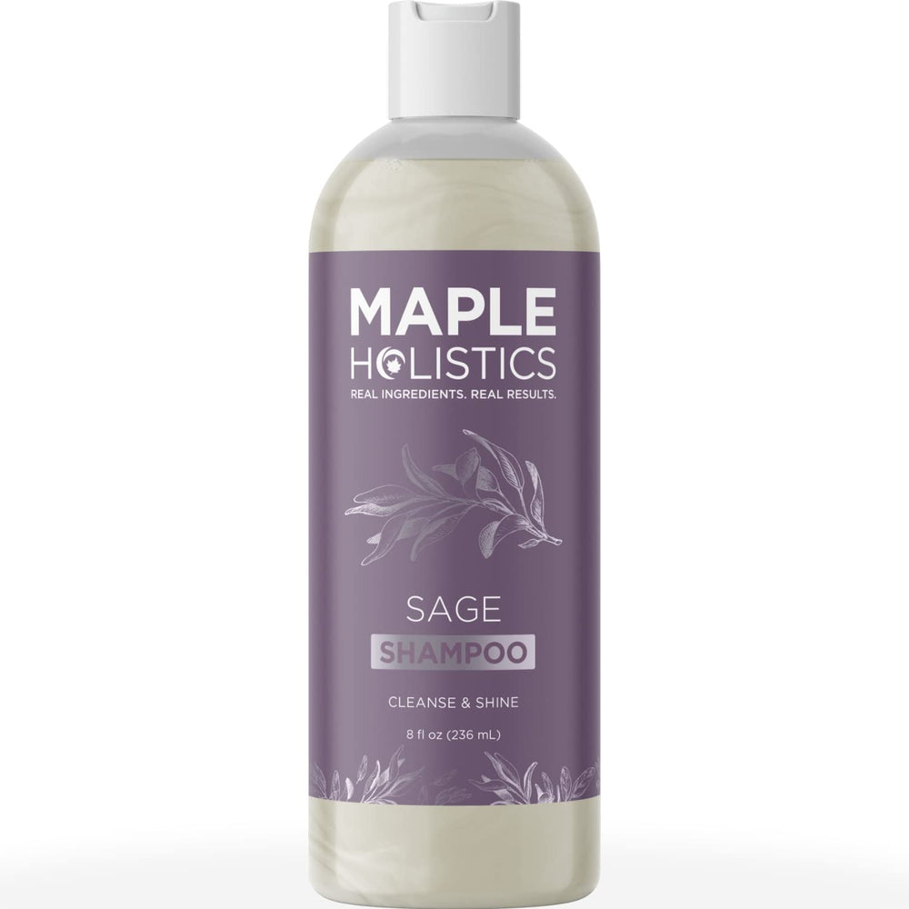 Maple Holistics Sage and Rosemary Shampoo bottle highlights sulfate-free cleansing for oily hair.