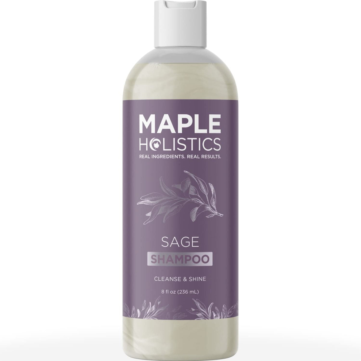 Maple Holistics Sage and Rosemary Shampoo bottle highlights sulfate-free cleansing for oily hair.